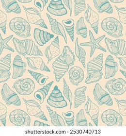 Sea bottom seamless pattern. Summer beach hand-drawn seaside vector print. Undersea world cartoon background with sea urchin, starfish, shell, coral. Seashore elements design for fabrics, wallpaper