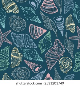 Sea bottom seamless pattern. Summer beach hand-drawn seaside vector print. Undersea world cartoon background with sea urchin, starfish, shell, coral. Seashore elements design for fabrics, wallpaper