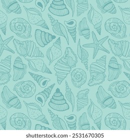 Sea bottom seamless pattern. Summer beach hand-drawn seaside vector print. Undersea world cartoon background with sea urchin, starfish, shell, coral. Seashore elements design for fabrics, wallpaper