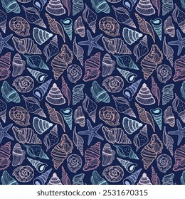 Sea bottom seamless pattern. Summer beach hand-drawn seaside vector print. Undersea world cartoon background with sea urchin, starfish, shell, coral. Seashore elements design for fabrics, wallpaper