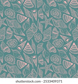 Sea bottom seamless pattern. Summer beach hand-drawn seaside vector print. Undersea world cartoon background with sea urchin, starfish, shell, coral. Seashore elements design for fabrics, wallpaper