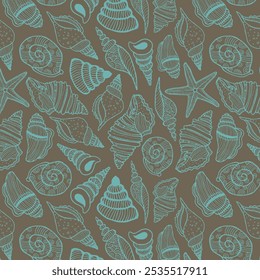 Sea bottom seamless pattern. Summer beach hand-drawn seaside vector print. Undersea world cartoon background with sea urchin, starfish, shell, coral. Seashore elements design for fabrics, wallpaper