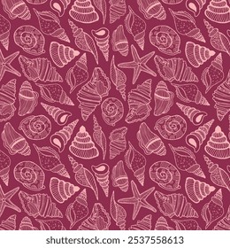 Nahtloses Unterwassermuster. Sommer Strand handgezeichneter Vektor Print am Meer. Unterwasser Welt Cartoon Hintergrund mit Seeigel, Seestern, Muschel, Koralle. Design für Stoffe, Tapeten