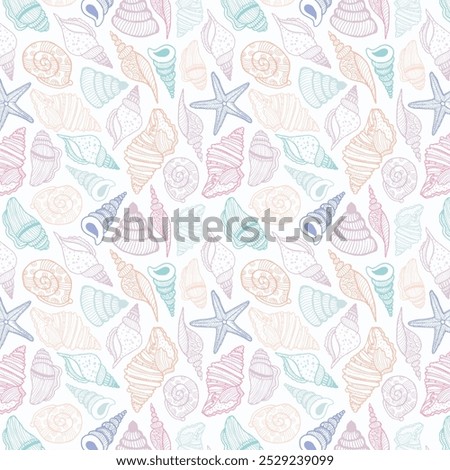 Sea bottom seamless pattern. Summer beach hand-drawn seaside vector print. Undersea world cartoon background with sea urchin, starfish, shell, coral. Seashore elements design for fabrics, wallpaper