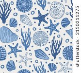 Sea bottom seamless pattern.Summer beach hand-drawn seaside vector print.Undersea world cartoon background with sea urchin, starfish, shell, coral. Seashore elements design for fabrics, wallpaper