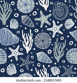 Sea bottom seamless pattern.Summer beach hand-drawn seaside vector print.Undersea world cartoon background with sea urchin, starfish, shell, coral. Seashore elements design for fabrics, wallpaper