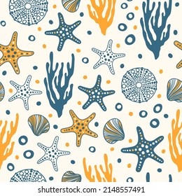 Sea bottom seamless pattern.Summer beach hand-drawn seaside vector print.Undersea world cartoon background with sea urchin, starfish, shell, coral. Seashore elements design for fabrics, wallpaper