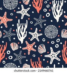 Sea bottom seamless pattern.Summer beach hand-drawn seaside vector print.Undersea world cartoon background with sea urchin, starfish, shell, coral. Seashore elements design for fabrics, wallpaper