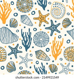 Sea bottom seamless pattern.Summer beach hand-drawn seaside vector print.Undersea world cartoon background with sea urchin, starfish, shell, coral. Seashore elements design for fabrics, wallpaper