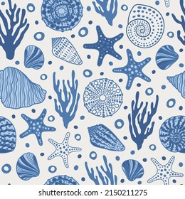 Sea bottom seamless pattern.Summer beach hand-drawn seaside vector print.Undersea world cartoon background with sea urchin, starfish, shell, coral. Seashore elements design for fabrics, wallpaper