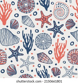 Sea bottom seamless pattern.Summer beach hand-drawn seaside vector print.Undersea world cartoon background with sea urchin, starfish, shell, coral. Seashore elements design for fabrics, wallpaper