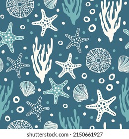 Sea bottom seamless pattern.Summer beach hand-drawn seaside vector print.Undersea world cartoon background with sea urchin, starfish, shell, coral. Seashore elements design for fabrics, wallpaper