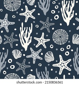 Sea bottom seamless pattern.Summer beach hand-drawn seaside vector print.Undersea world cartoon background with sea urchin, starfish, shell, coral. Seashore elements design for fabrics, wallpaper