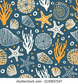 Sea bottom seamless pattern.Summer beach hand-drawn seaside vector print.Undersea world cartoon background with sea urchin, starfish, shell, coral. Seashore elements design for fabrics, wallpaper