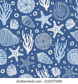 Sea bottom seamless pattern.Summer beach hand-drawn seaside vector print.Undersea world cartoon background with sea urchin, starfish, shell, coral. Seashore elements design for fabrics, wallpaper