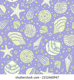 Sea bottom seamless pattern.Summer beach hand-drawn seaside vector print.Undersea world cartoon background with sea urchin, starfish, shell, coral. Seashore elements design for fabrics, wallpaper