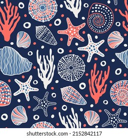 Sea bottom seamless pattern.Summer beach hand-drawn seaside vector print.Undersea world cartoon background with sea urchin, starfish, shell, coral. Seashore elements design for fabrics, wallpaper