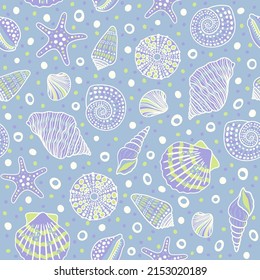 Sea bottom seamless pattern.Summer beach hand-drawn seaside vector print.Undersea world cartoon background with sea urchin, starfish, shell, coral. Seashore elements design for fabrics, wallpaper