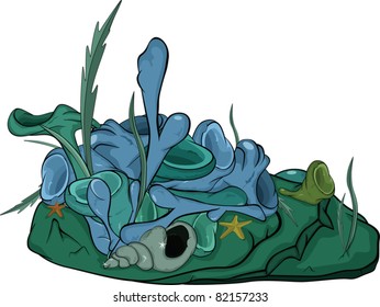 Sea bottom with seaweed plants and a cockleshell. Cartoon