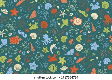 Sea bottom species hand-drawn doodle print in green palette