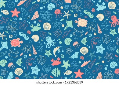 Sea bottom species hand-drawn doodle print in light blue palette