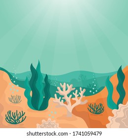 Sea bottom. Underwater world in the sun. Ecosystem. Algae, stones, silhouettes of coral and fish. Place for text. Summer background. Vector cartoon illustration.