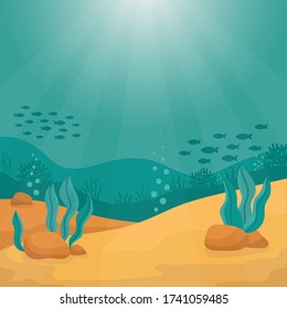 Sea bottom. Underwater world in the sun. Ecosystem. Algae, stones, silhouettes of coral and fish. Place for text. Summer background. Vector cartoon illustration.