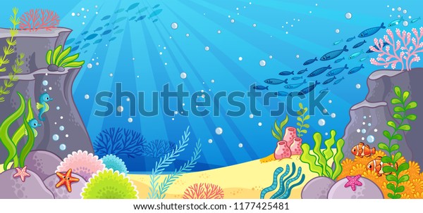 海底 カートーンスタイルの背景にベクターイラスト 海の深さ のベクター画像素材 ロイヤリティフリー
