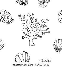Sea bottom vector illustration. Black and white fantasy shells and corals. Contour style. For print, design, back surface, textile, packaging, canvas. Hand drawn vector illustration. Seamless pattern.
