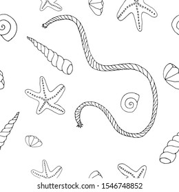 Sea bottom vector illustration. Black and white fantasy shells. Contour style. For print, design, back surface, textile, packaging, canvas. Hand drawn vector illustration. Seamless pattern.
