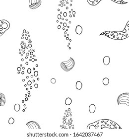 Sea bottom vector illustration. Black and white fantasy shells. Contour style. For print, design, back surface, textile, packaging, canvas. Hand drawn vector illustration. Seamless pattern.