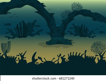 Sea bottom. Vector illustration. Blank template with underwater view.