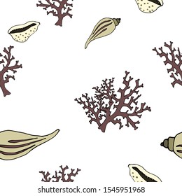 Sea bottom vector illustration. Colored fantasy shells and corals on a white background. Contour style. For print, design, back surface, textile, packaging, canvas. Hand drawn vector illustration. Sea
