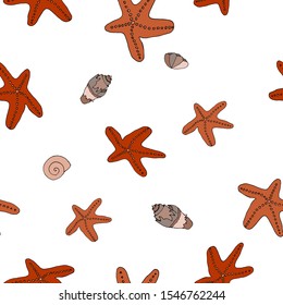 Sea bottom vector illustration. Colored fantasy shells and starfish on a white background. Contour style. For print, design, back surface, textile, packaging, canvas. Hand drawn vector illustration.