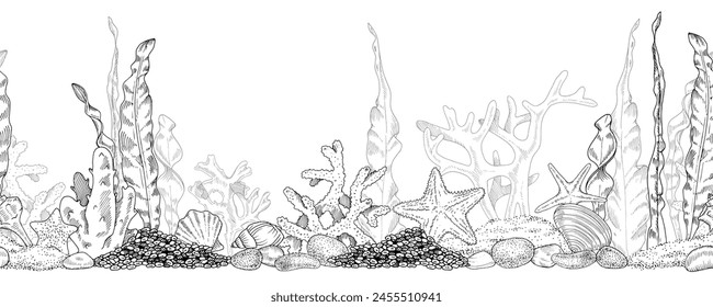 Sea Bottom Vector seamless Border. Hand drawn undersea background. Black and white line art drawing of coral reef with seaweed. Outline illustration of underwater beach. For the design of frames