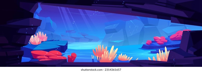 Sea bottom view from inside underwater cave. Vector cartoon illustration of rocky landscape in deep ocean water, seaweed and coral reef, huge stones on fantasy marine background for adventure game