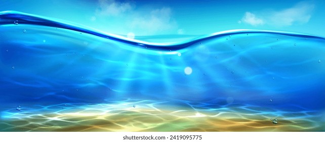 Meeresbodenansicht unter blauem Himmel. Vektorrealistische Illustration von Unterwasserhintergrund, Sonnenstrahlen, die das Meer, den Fluss, den See durchdringen, Luftblasen im Wasser, Wasserlinie mit transparenten, klaren Wellen