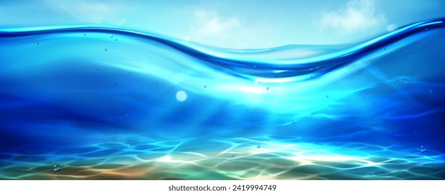 Vista del fondo marino bajo cielo azul. Ilustración vectorial realista del fondo submarino, rayos solares que penetran en el océano, río, agua del lago, burbujas de aire en el agua, línea de agua con olas transparentes y claras