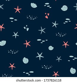 Sea boy pattern. Dark blue kids fish seamless pattern. Marine nautical background. Sea fish, stars seashells underwater