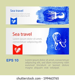 Sea Branding Design. Sea design set cards. Card with octopuses.  