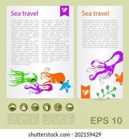 Sea Branding Design. Sea design set cards. Card with octopuses. Flat icon.