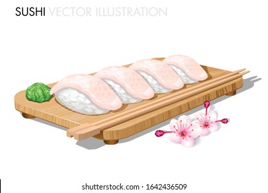 Sea bream sushi on wood with chop sticks, wasabi, ginger. Tai nigiri. Realistic vector illustration.