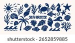 Sea breeze shapes. Marine elements: seashells, seaweed, crab, fish, seahorse, palm tree, waves and starfish. Illustration in funky, doodle style, trendy nautical sticker set in retro cartoon style