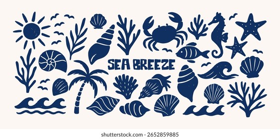 Sea breeze shapes. Marine elements: seashells, seaweed, crab, fish, seahorse, palm tree, waves and starfish. Illustration in funky, doodle style, trendy nautical sticker set in retro cartoon style