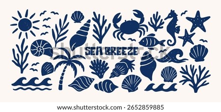 Sea breeze shapes. Marine elements: seashells, seaweed, crab, fish, seahorse, palm tree, waves and starfish. Illustration in funky, doodle style, trendy nautical sticker set in retro cartoon style