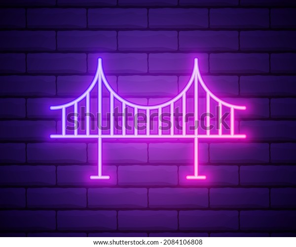 Sea Bridge neon light sign vector.\
Glowing bright icon Sea Bridge sign. Brick wall\
background