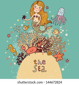 The sea Ã¢Â?Â? bright cartoon card with mermaid, octopus, fishes, crab and sea horse near coral. Childish illustration in vector