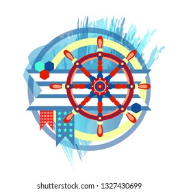 Sea, bright kompazitsiya with a steering wheel in a round frame, abstract illustration