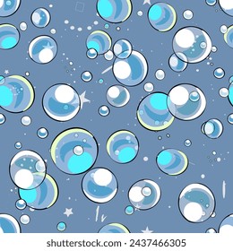 Sea bubbles in anime style. Bright baby blue pattern. Vector seamless pattern with cute bubbles