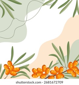 Sea buckthorn berries background. Composition of sea buckthorn berries with organic shapes and leaves on an abstract background.